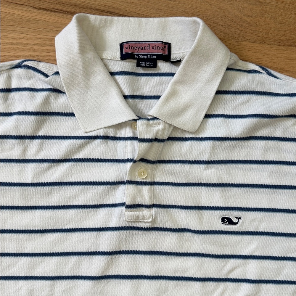 Vineyard Vines blue stripe short sleeve polo white background mens size Large - Picture 3 of 8